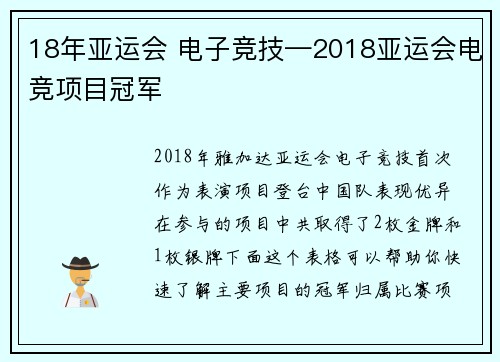 18年亚运会 电子竞技—2018亚运会电竞项目冠军